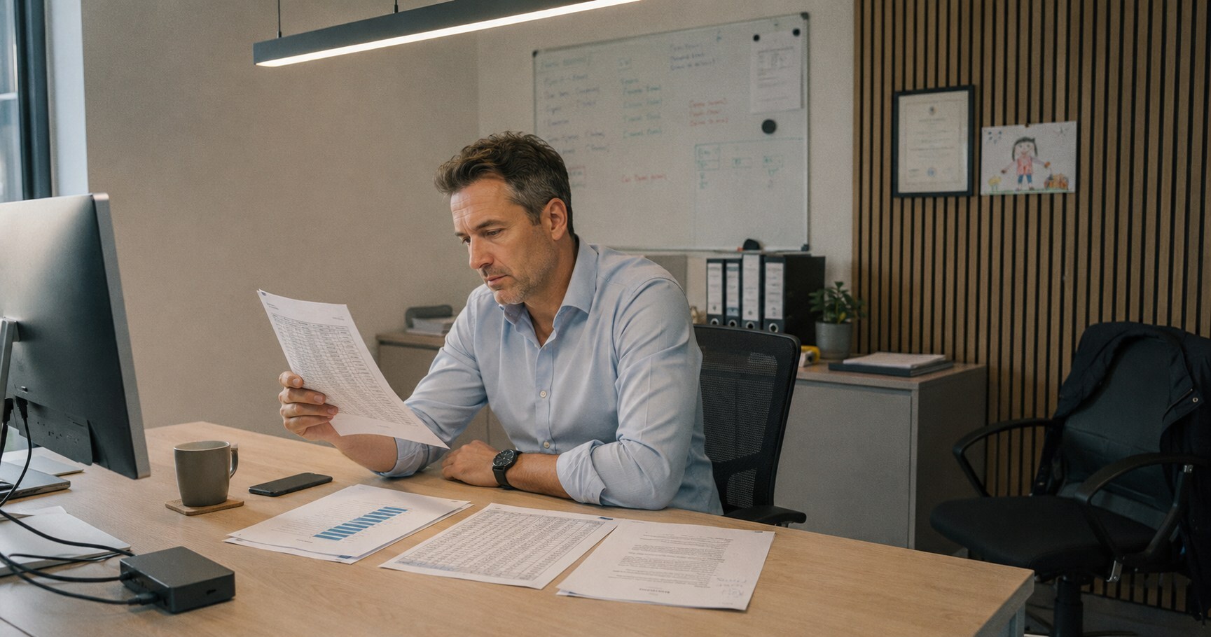 A managing director at his desk reads one printed report while two more lie in front of him, one a table of figures and one a bar chart.