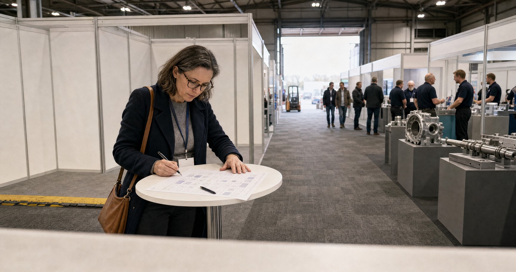 A business owner in a navy coat leans over a floor plan on a tall table beside an empty stand at an industrial trade show, with busy stands and open loading doors behind her.