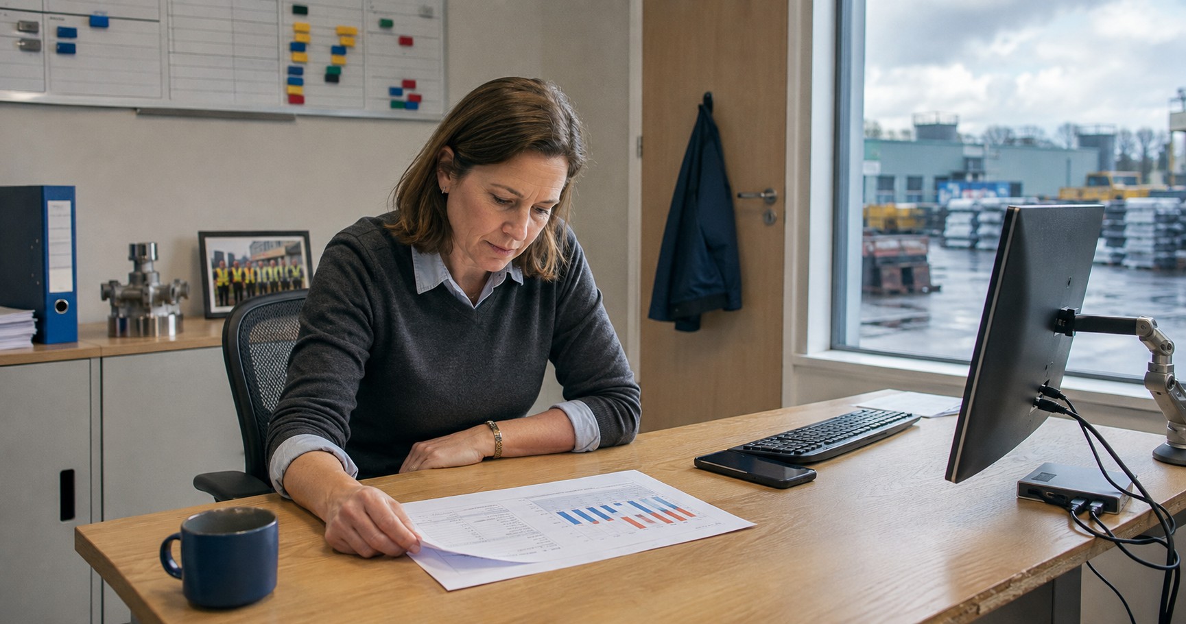 A managing director sits at her desk reading a printed summary that lies flat in front of her, a bar chart on the page, with a works yard through the window behind.