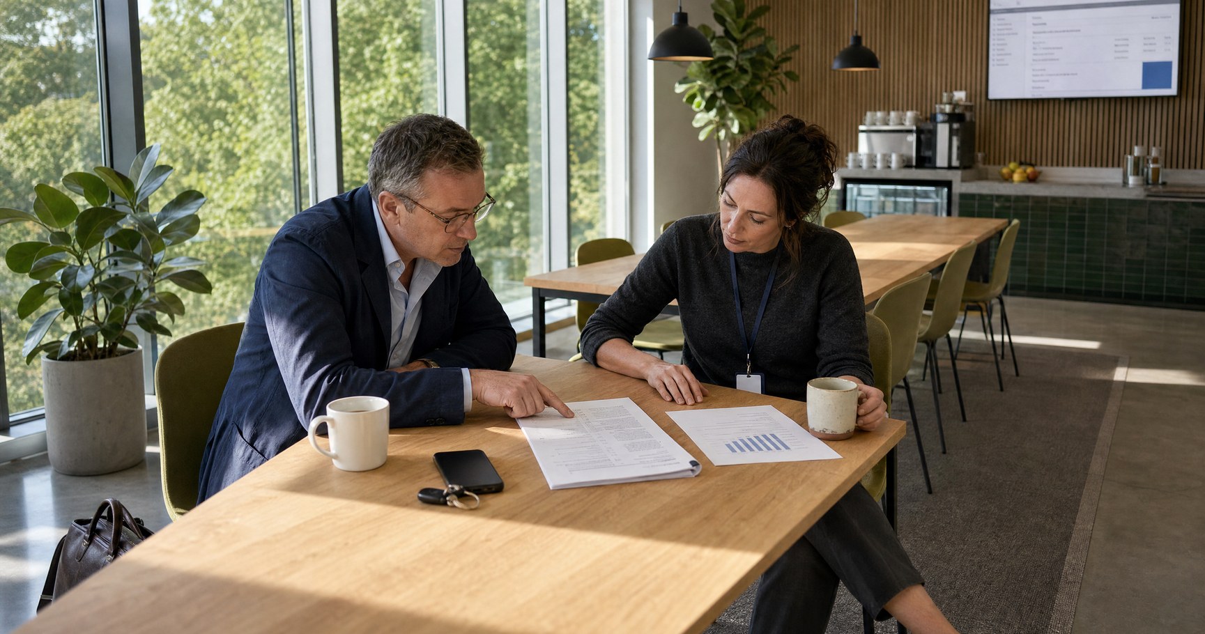 A man in a jacket points to a line in a printed contract lying open on a canteen table, while a woman beside him looks at the page, mugs and a printed chart alongside.