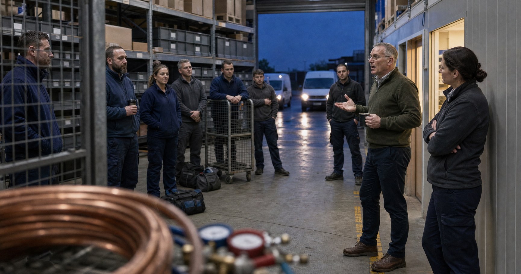 The owner of a building services business briefs engineers from two businesses, in two colours of workwear, in the depot before the vans go out.